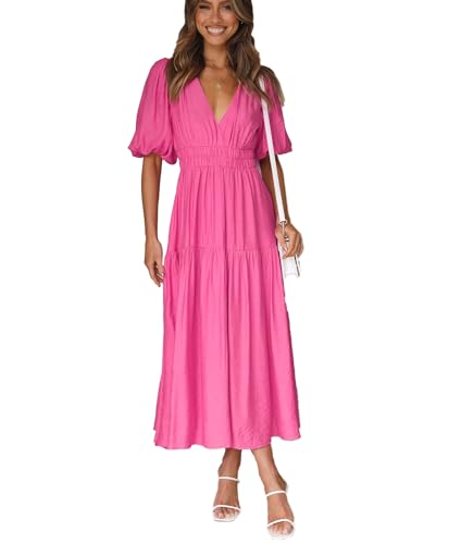 Image of Women's Summer Deep V Neck Puff Short Sleeve Tiered Maxi Dress Flowy A Line Long Dresses