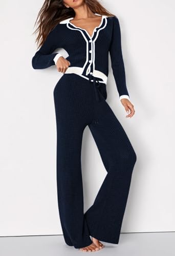Viottiset Women's 2 Piece Outfits Sweatsuit Set Long Sleeve Button Sweatshirt Wide Leg Sweatpants Lounge Set Tracksuit2