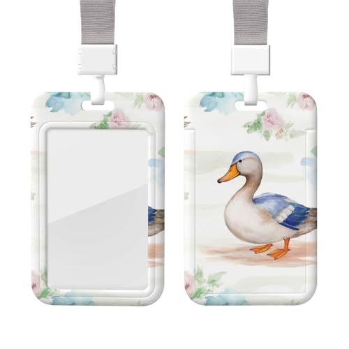 スライド式IDバッジホルダー ストラップ付き プラスチックカードケース プロテクターポーチ クリアウィンドウ付き IDカード 名札 水彩ダックバッジホルダー 看護師 医師 事務用品