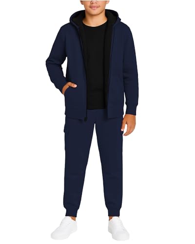 Quad Seven Boys Sweatsuit Set - 2 Piece Sherpa Fleece Lined Zip Up Boys Hoodie and Cargo Athletic Pants Kids Suits Set (8-18), Size 12-14, Navy