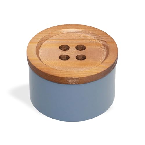 Caixa Decorativa Formato Botão Organizadora Costura Aviamentos Caixa Azul Tampa de Madeira - Geguton