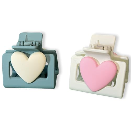 Matte Hair Clips with Heart Accents, Set of 2, Pink and White, Blue and White image 3