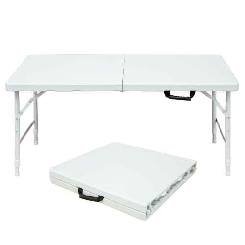 Folding Table 4FT, Heavy Duty Portable Plastic Folding Table with Handle, Anti-Slip Feet, Waterproof, Easy to Clean, Adjustable Height, 300LBS