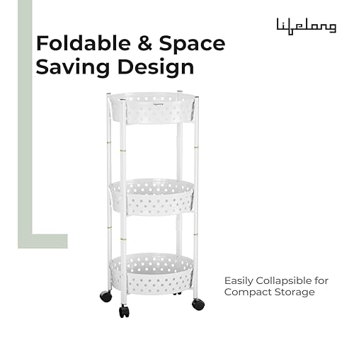 Image of Lifelong Kitchen Storage Rack|3-Layer Baskets|Foldable & Rolling Storage Cart|Trolley with Wheels|Vegetable Stand|Onion, Potato & Fruits Rack for Kitchen Organizer (LLKAFB03, White)