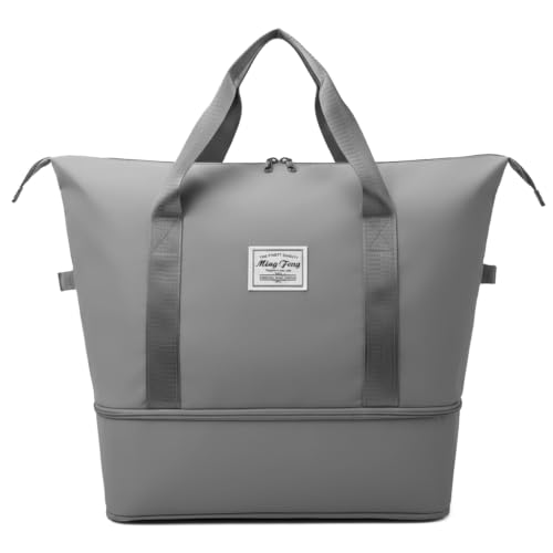 Image of WILDHORN 40 Liters Nylon Expandable Travel Duffle Bag for Men & Women, Waterproof Weekender Luggage Bag, Foldable Gym & Overnight Travel Hand Bag with Wet & Dry Compartment (Light Grey)