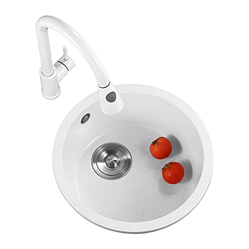 NDRFAWY キッチンシンク 家庭用丸型シングルボウルシンク、高密度クォーツストーン埋め込みシンクプルダウン蛇口 排水セット付き