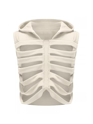 CsunYuk Unisex Oversized Skeleton Hoodie Men Cropped Sleeveless Sweatshirt for Women Goth Halloween Costume Skull Hooded Vest (Beige)