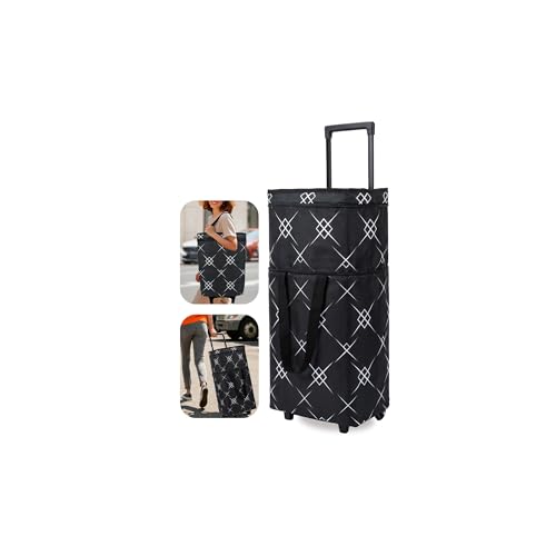Dxiywa Foldable Rolling Bag, Portable Small Shopping Cart with Wheels, Collapsible Shopping Tote with Stylish Pattern for Market & Grocery Runs–Gift for Women & Seniors, Pro L, Black