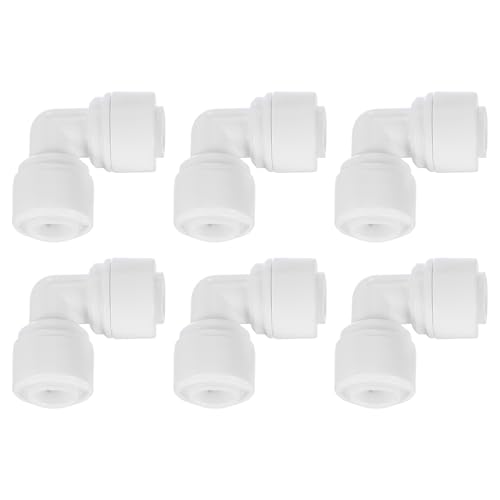 QUARKZMAN 6 Piezas Conectores de Empuje, 1/4 OD x 1/4 OD Conectores de Manguera de Aire Tubo y Manguera y Tubería Conexión Rápida Codo de Unión de 90 Grados de Plástico, Blanco (6-6mm)