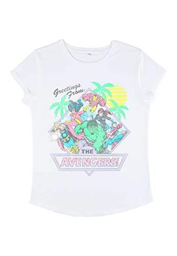 Marvel Women's Classic-Vacay Avengers Rolled Sleeve T-Shirt, White, S, White, S