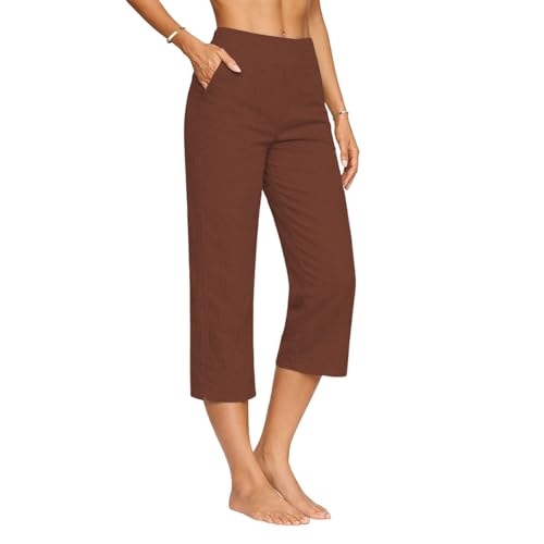 Trlxkhor Pantalones Lino Mujer Verano Frescos 3/4 Algodón Pantalon Capri Anchos Comodos Pantalón De Vestir Elegante Ligeros Pantalones Fluido con Bolsillos Cintura Elastica Vintage Boho Playa Casa