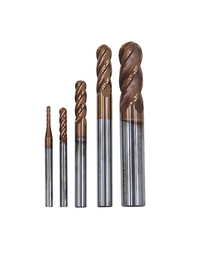 Image of 1 /16 inch 1 /8 inch 3 /16 inch 1 /4 inch 3 /8 inch Carbide End Mills Set, 4 Flute, TISIN Coated, Ball Nose End Mill Bits for Steel, CNC Router Bits, Center Cutting