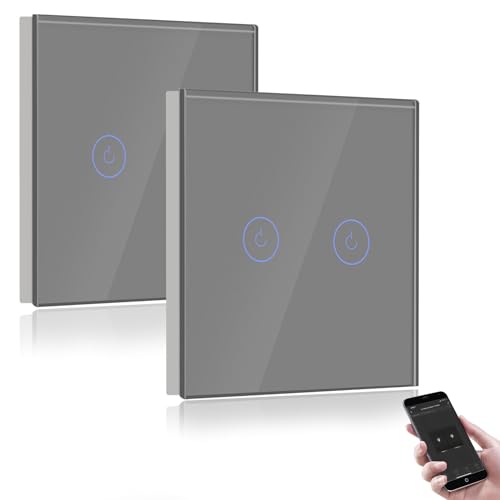 BSEED Smart Light Switch,Compatible with Alexa and Google Home,2 Gang WiFi Touch Switch,2 Way or Multi-Way Control by SmartLife APP,Grey Alexa Switch with LED Indicator Light-Neutral Wire Need-2pack