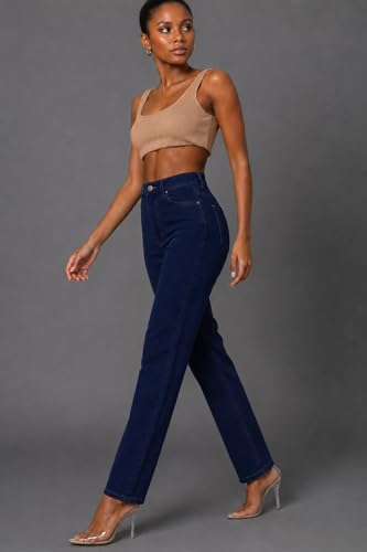 Image of Women's High Waist Mom Fit Jeans | Stretch Denim | Tapered Ankle Length Casual Jeans