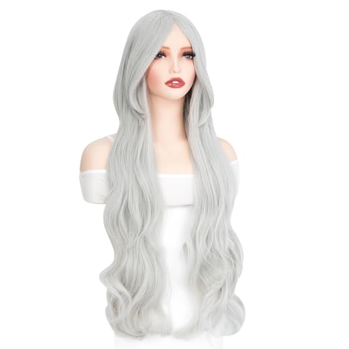 Image of Rose bud Hair Cosplay Wig with Bangs Grey 32 Inches Long Wavy Wigs for Women Lady Halloween Anime Party