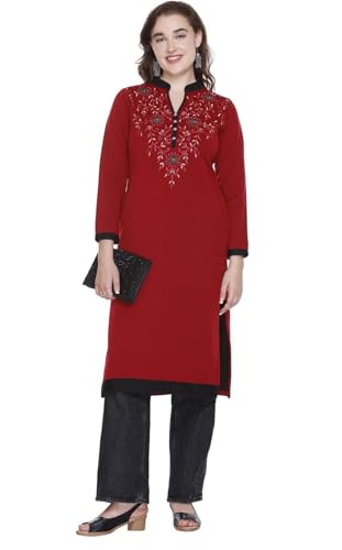 Image of Rosary Women's Winter Woolen Kurti Embroidered Straight Fit Ethnic Wear with 2 Side Pockets