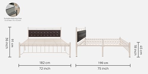 Image of Zuno Metal King Size Bed Without Storage | Wrought Iron Double Bed with Headboard & Footboard | Sturdy Powder Coated Platform Bed King Size Cot for BedroomLivingRoom Ivory (75x72)