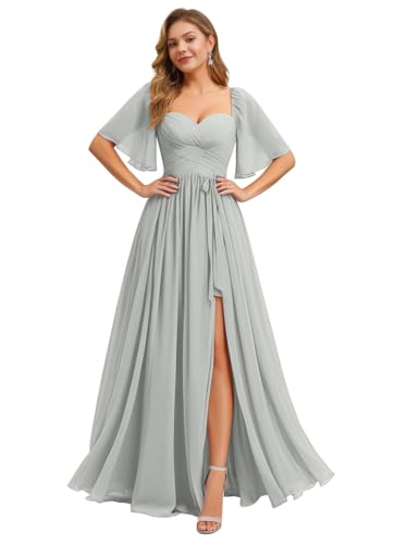 Image of IIF Women's Chiffon Bridesmaid Dresses for Wedding Flutter Sleeves Ruched A Line Long Formal Dress with Slit IIF149