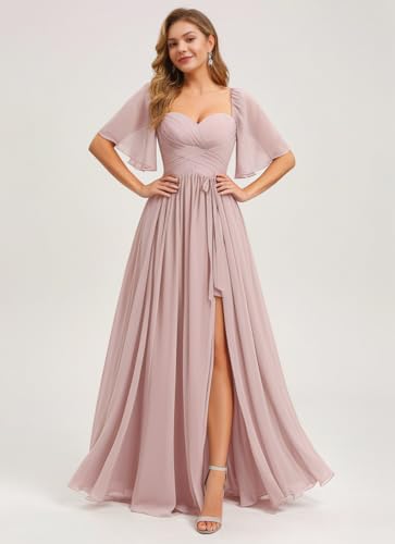 IIF Women's Chiffon Bridesmaid Dresses for Wedding Flutter Sleeves Ruched A Line Long Formal Dress with Slit IIF1493
