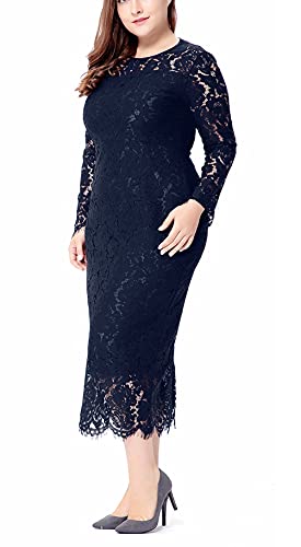 Eternatastic Women's Floral Lace Long Sleeve Plus Size Dress for Christmas Dress Navy Blue 5XL — view 4