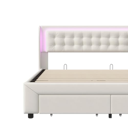 SHAODENG Boxspringbett 180x200 Doppelbett mit LED-Kopfteil, Hydraulisch Stauraumbett mit 2 Schubladen, Bettgestell mit Stauraum und Lattenrost, Beige Samt Gepolsterte Bett, ohne Matratze