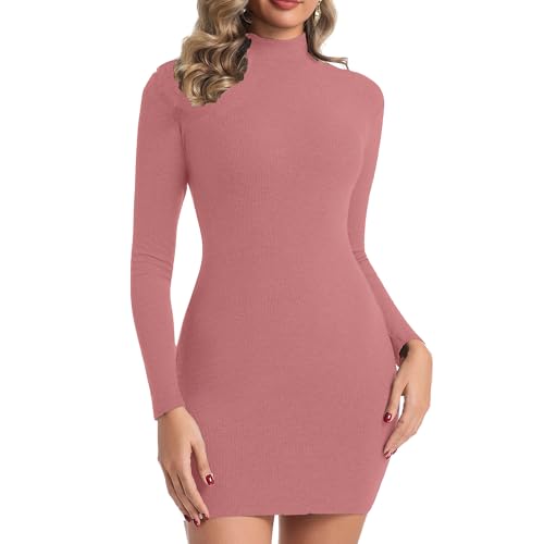 Chongbaijia Long Sleeve Dress for Women Ribbed Mock Turtleneck Slim Fit Fall Dresses Bodycon Short Dresses Fashion Clothes Pink