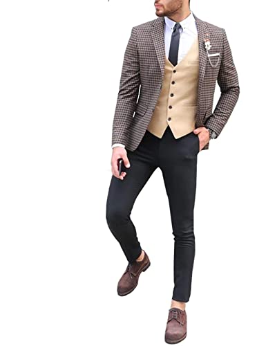 Costume trois pièces pied-de-poule pour homme avec veste à revers cranté et gilet