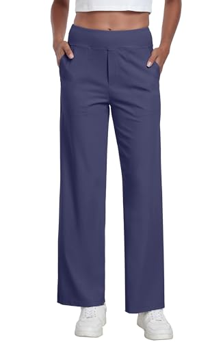 GRECERELLE Palazzo Hose Damen Elegante Locker Weites Bein Hose Taille Dehnbar Lounge Hose mit Taschen (Walblau, L) GRECERELLE Palazzo Hose Damen Elegante Locker Weites Bein Hose Taille Dehnbar Lounge Hose mit Taschen (Walblau, L)