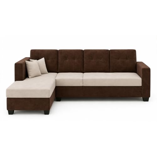 Image of FURNY Nathan 8 Seater L Shape Sofa Set LHS (Dark Brown-Cream) | Suede Velvet Finish | Durable Comfort Sofa for Modern Living Room & Office Spaces