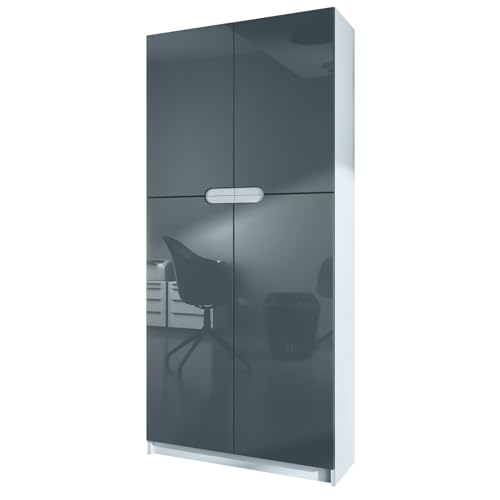 Vladon Büroschrank Logan V1, Made in Germany, Aktenschrank mit 5 Fächern und 4 Türen, Weiß matt/Grau Hochglanz (82 x 185 x 37 cm)