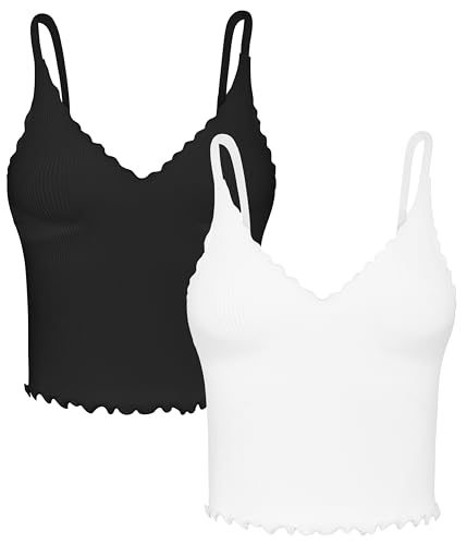 Sunzel Tank Top for Women, V Neck Seamless Ribbed Crop Camisole with Ruffles