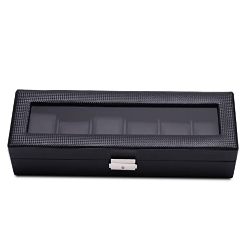 MQFORU Watch Box, 6 Slots, Carbon Fiber, Leather Watch Display Organiser Case, Locking Jewelry Watch Holder with Glass Top