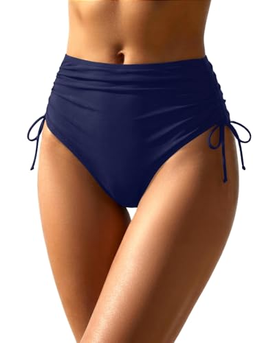 Image of Holipick Women's High Waisted Bikini Bottom | Tummy Control Ruched, Full Bum Coverage, Full Lining, Adjustable Drawstring Tie Side, Swimming, Beach