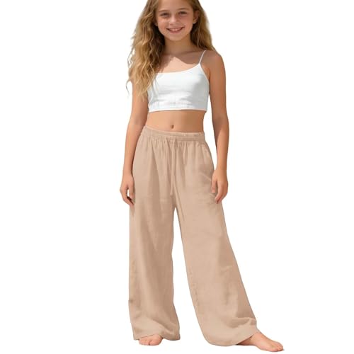 Pantalones de lino para niños de pierna ancha y corte holgado unicolor con cintura elástica