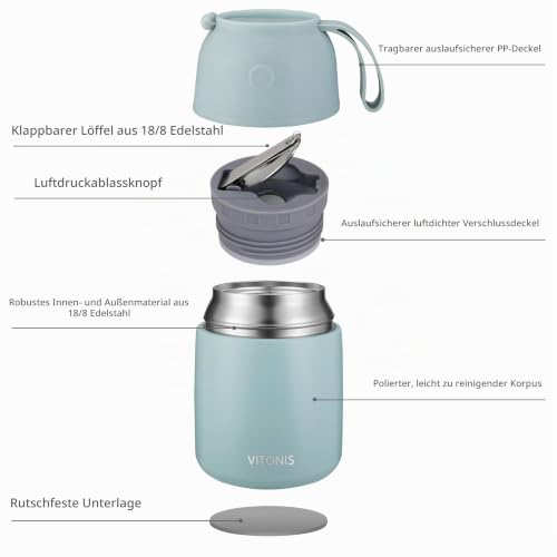 VITONIS Thermobehälter für Essen 500ml Edelstahl Isolierbehälter Gefäß für warme Speißen, Essen, Suppe… – Ansicht 3