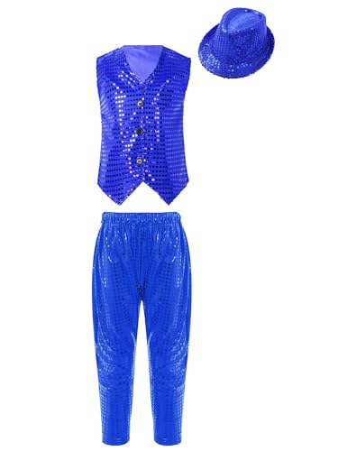 Linjinx Fille Garçon Déguisement Disco Des Années 70s 80s à Paillette Ensemble Uniforme de Cowgirl Tenue de Danse Jazz Tango Ballet Costume Halloween Carnaval Bleu royal 2-3 ans