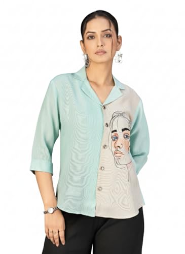 Image of Makhhi Wear Trendy Women's Sea Green & Beige Sketch Embroidered Casual Shirt for Women