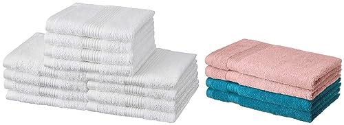 Image of Amazon Brand - Solimo 100% Cotton 12 Piece Face Towel Set, 500 GSM (White) 100% Cotton 4 Piece Hand Towel Set, 500 GSM (Turquoise Blue and Baby Pink)