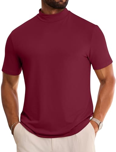 Vssjavun Men's Mock Turtleneck T Shirt Short Sleeve Solid Basic Tee Soft Casual Pullover Top Wine Red