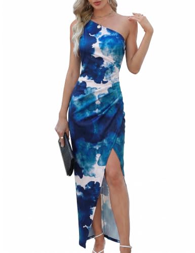 Image of Sarin Mathews Womens One Shoulder Long Formal Dress Sexy Summer Sleeveless Bodycon Ruched Wrap Split Cocktail Dresses