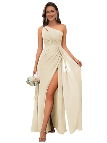 Image of OFEECHUN Women's Chiffon One Shoulder Bridesmaid Dresses Long Pleated Formal Evening Gowns with Slit