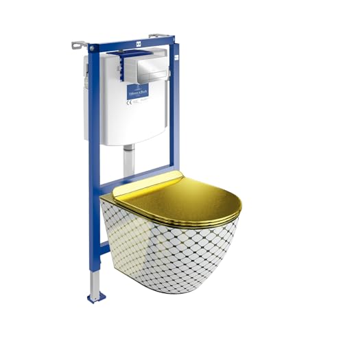 Lavita ViConnect H112 Vorwandelement Unterputz WC mit Bedienplatte + Wand Hänge Tiefspül WC Sofi Slim Checked Gold Spülrandlos + WC Sitz Komplettset Unterputz Spülkasten Toilette Komplett Sett WC
