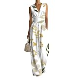 Udbeksid Mono Mujer Elegante Verano Largo - Jumpsuit Lino Sin Mangas Cuello en V Cintura Alta, Monos Estampado Floral Ligero Cómodo, Ropa Boho Moda con Bolsillos para Casual Fiesta Playa (M,17)