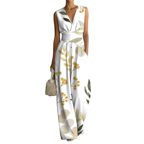 Udbeksid Mono Mujer Elegante Verano Largo - Jumpsuit Lino Sin Mangas Cuello en V Cintura Alta, Monos Estampado Floral Ligero Cómodo, Ropa Boho Moda con Bolsillos para Casual Fiesta Playa (M,17)