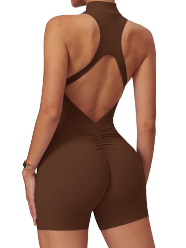 ECUPPER Women Backless Workout Jumpsuits One Piece Sleeveless Gym Rompers Zip Up Tummy Control Scrunch Shorts Yoga Bodysuit Coffee M