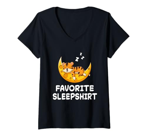Mujer Tigre Luna Tigres Siesta Dormir Dormir Pijama Camisón Camiseta Cuello V