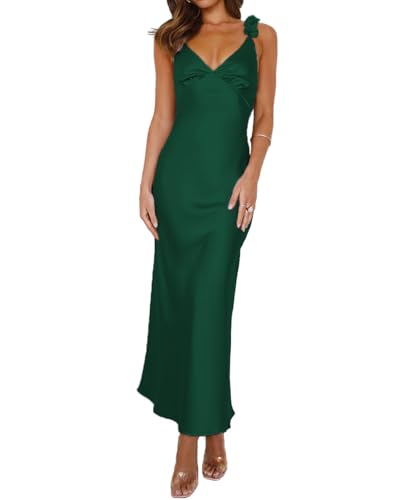 Image of Phicia Summer Satin Spaghetti Strap V Neck Midi Dresses for Women Wedding Guest Elegant Flower Backless Cocktail Formal Dress