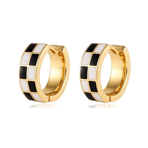Sriomu Chic Checker Small Hoop Cartilage Earrings Teacher Earrings for Women；White Black Enamel Hypoallergenic Hooped Gifts Gold and Silver tone