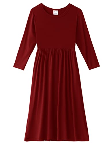 Noomelfish Girls Long Sleeve Maxi Dress Solid Color Casual Long Dresses with Pockets (4-12 Years)
