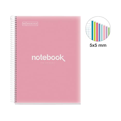 Miquelrius - Cahier A4 Carnet Emotions, 160 pages 90 g/m², Grille 5 x 5 mm, 8 bandes de couleur, Spirale microperforée, Couverture polypropylène, Perforation 4 trous, Carnet à carreaux, Rose – vue 2